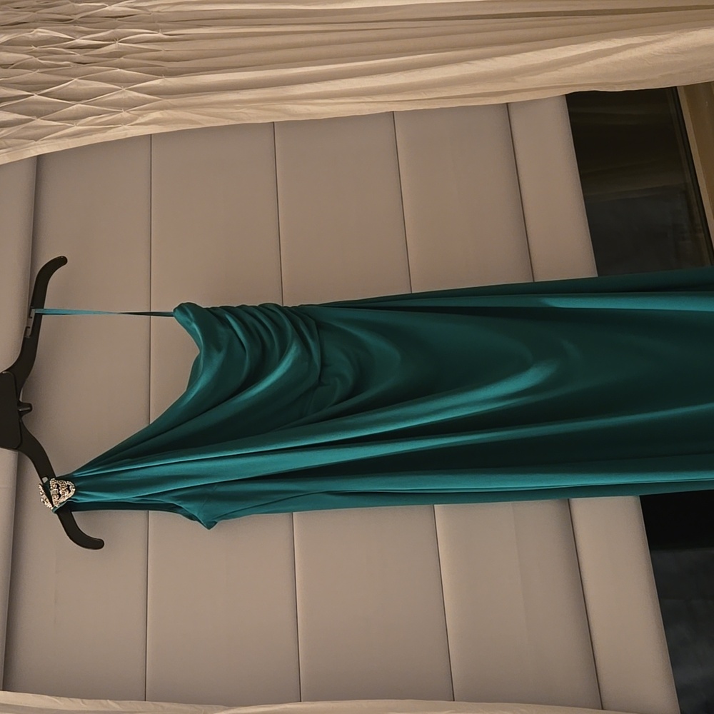 Ralph Lauren, one shoulder, floor length with side shirring, Green.  Size 12p